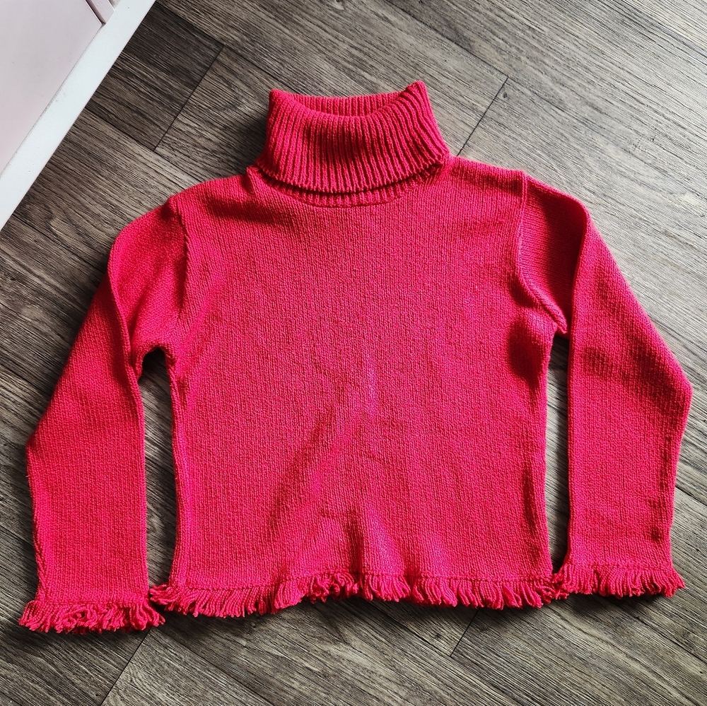 Vintage 90s Coldwater Creek Red Fringe Turtleneck Cotton Sweater Size Small